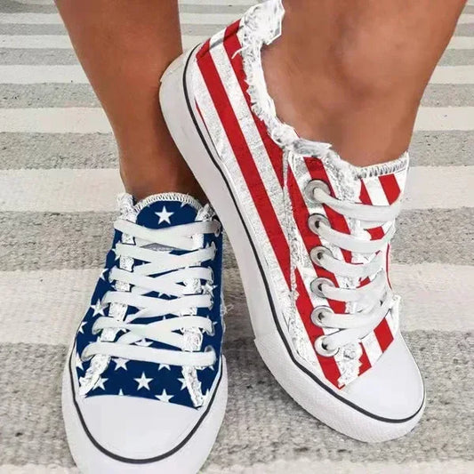 Star Striped Lace Up Sneakers Round Toe Casual Shoes Star Striped / 5