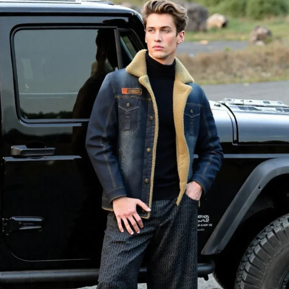 Mens Denim Jean Jacket in Black with Inner Faux Fur S / Black