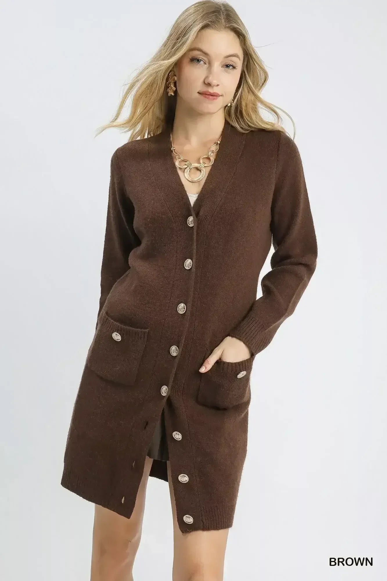 Umgee Button-Down Longline Sweater Cardigan with Front Pockets Brown / S