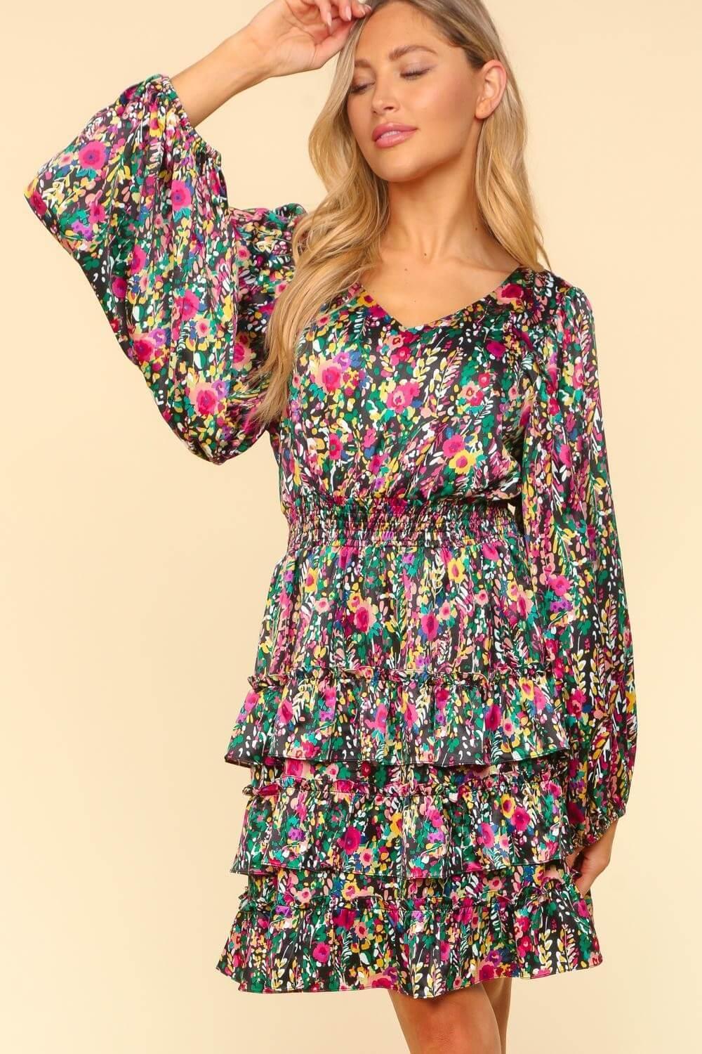 Haptics V-Neck Satin Floral Layered Dress Multi / S