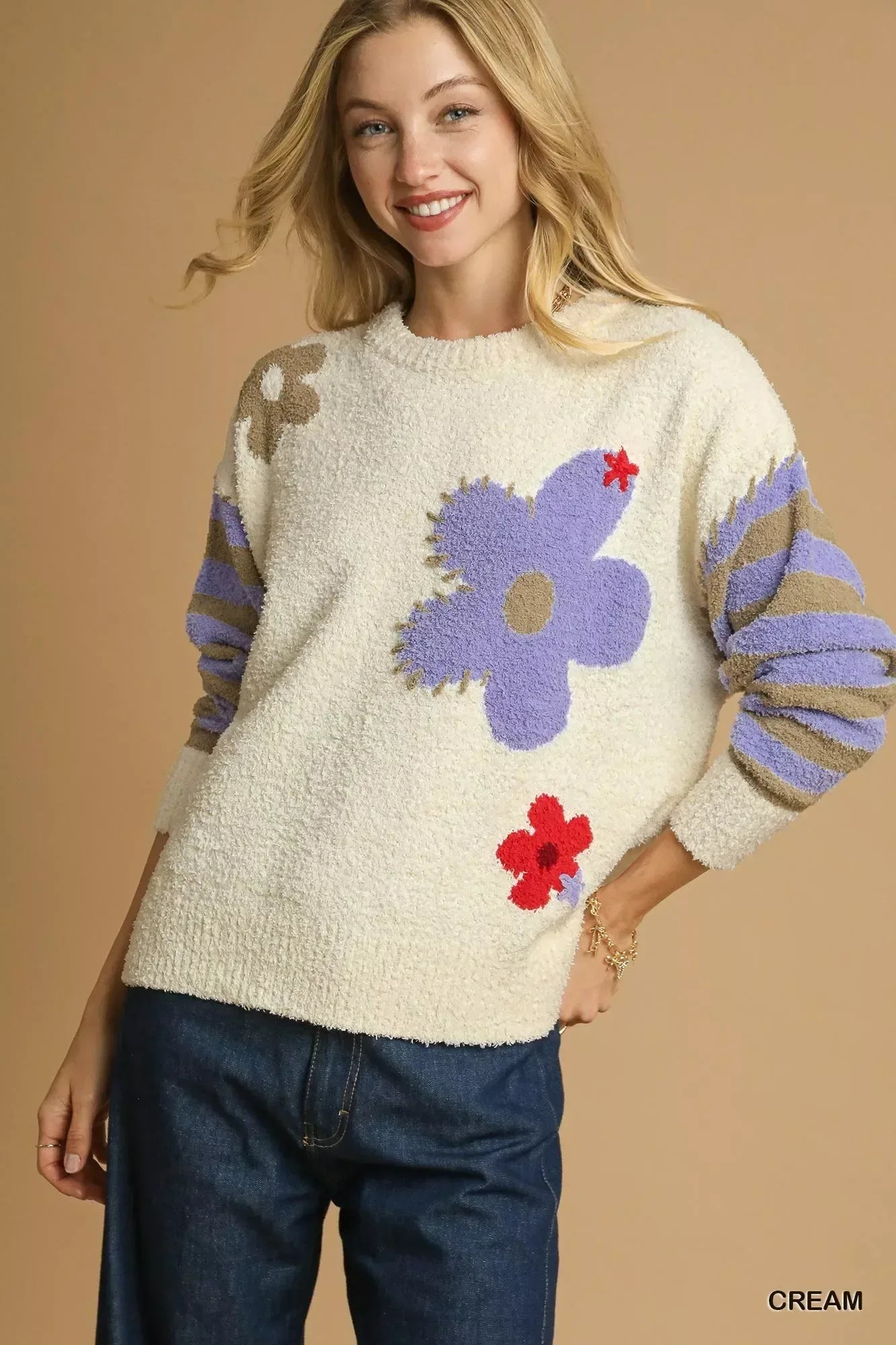 Umgee Flower Jacquard Striped Long Sleeve Sweater Cream / S