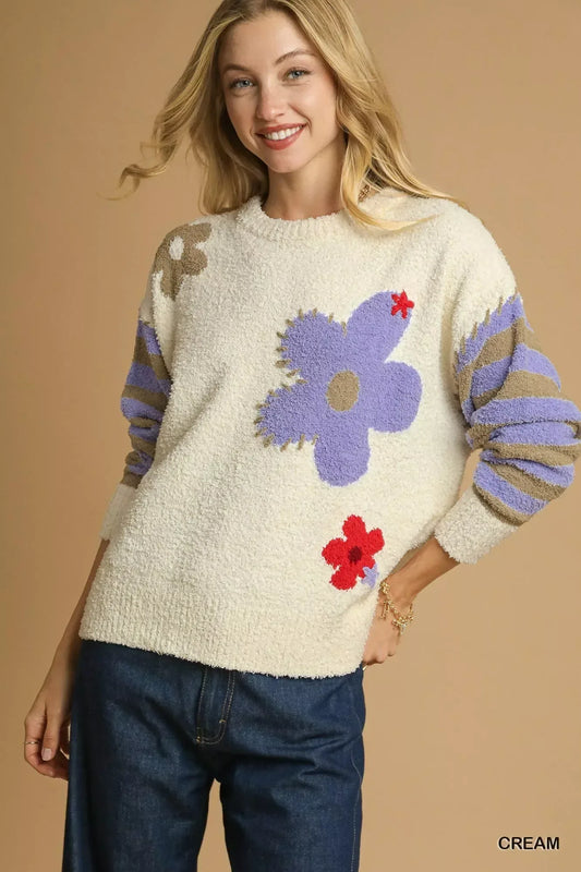 Umgee Flower Jacquard Striped Long Sleeve Sweater Cream / S