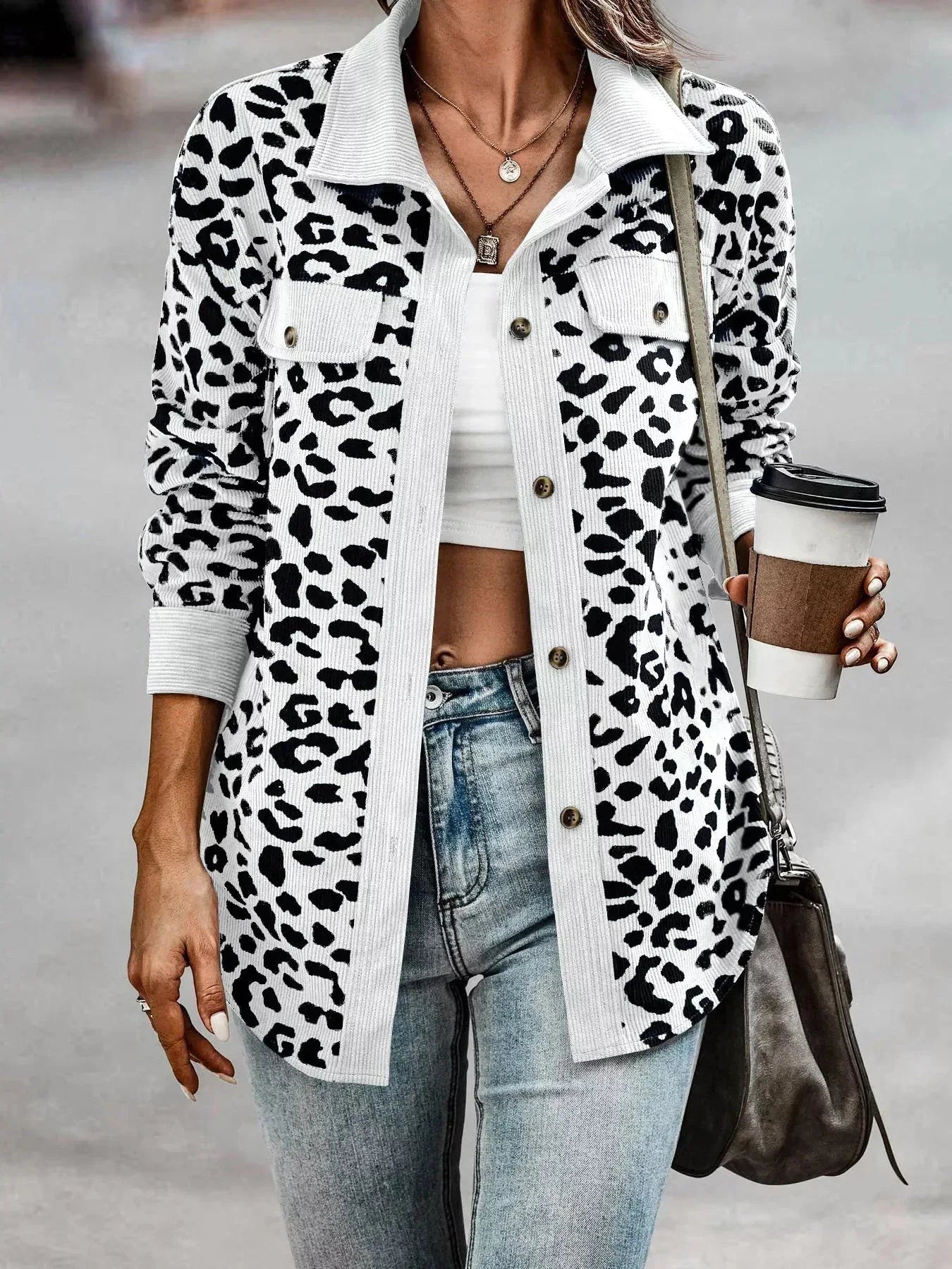 Full Size Leopard Print Button-Down Jacket Plus Size 3XL / Brown