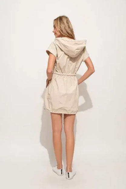 And The Why Short Sleeve String Details Hooded Mini Dress Almond / S