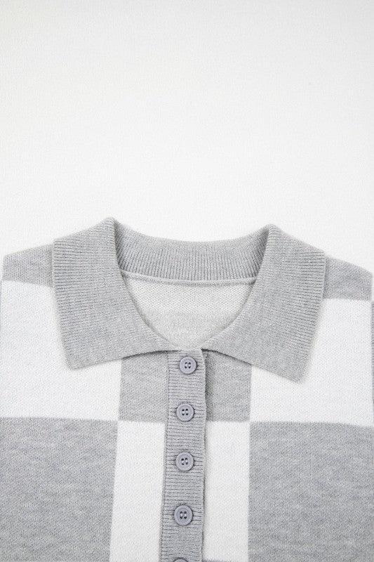Plus Size Checker Buttoned Polo Collar Sweater 1X / Gray