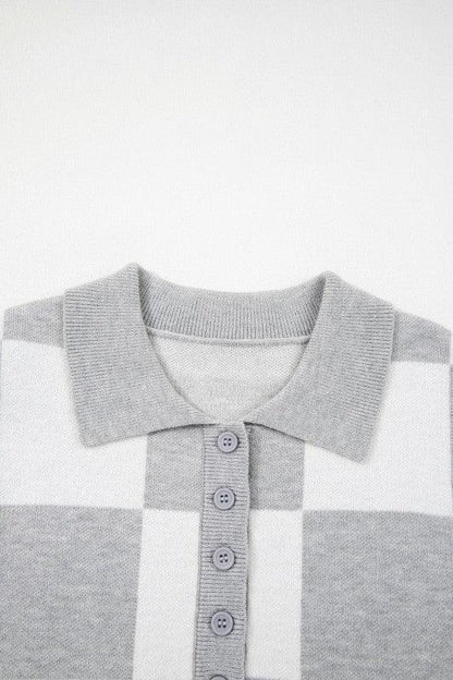 Plus Size Checker Buttoned Polo Collar Sweater 1X / Gray