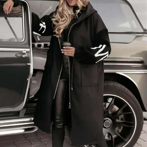 Women's Long Sleeve Letter Print Hooded Coat With Pockets - Zip Front S / Black