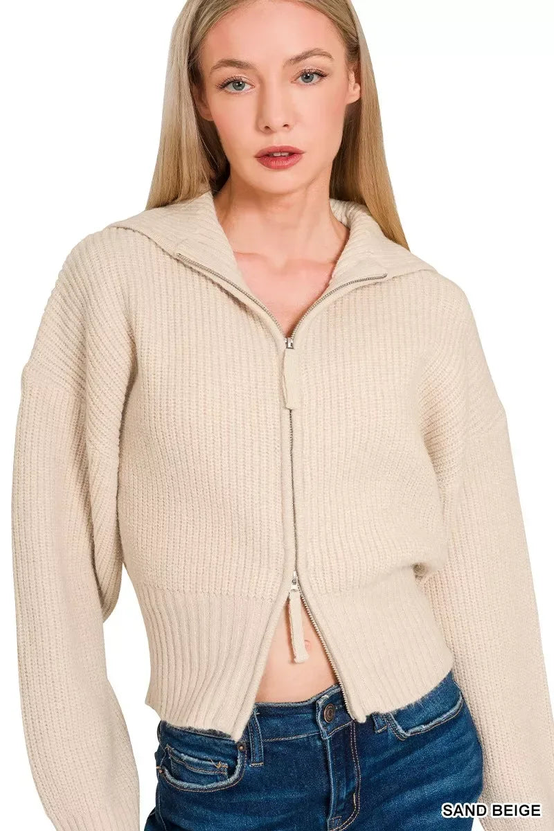 Zenana Ribbed Collared Zip Up Sweater Cardigan SAND BEIGE / S