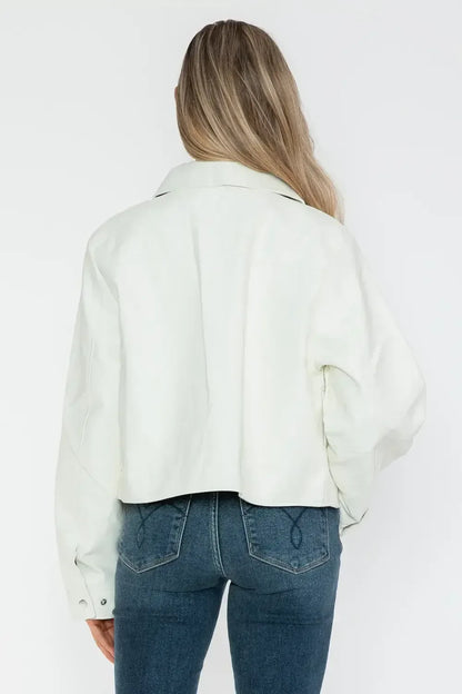 Snobbish Snap Down Long Sleeve PU Leather Jacket White / S