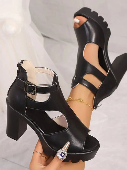 Cutout Block : Heels Sandals 9 / White