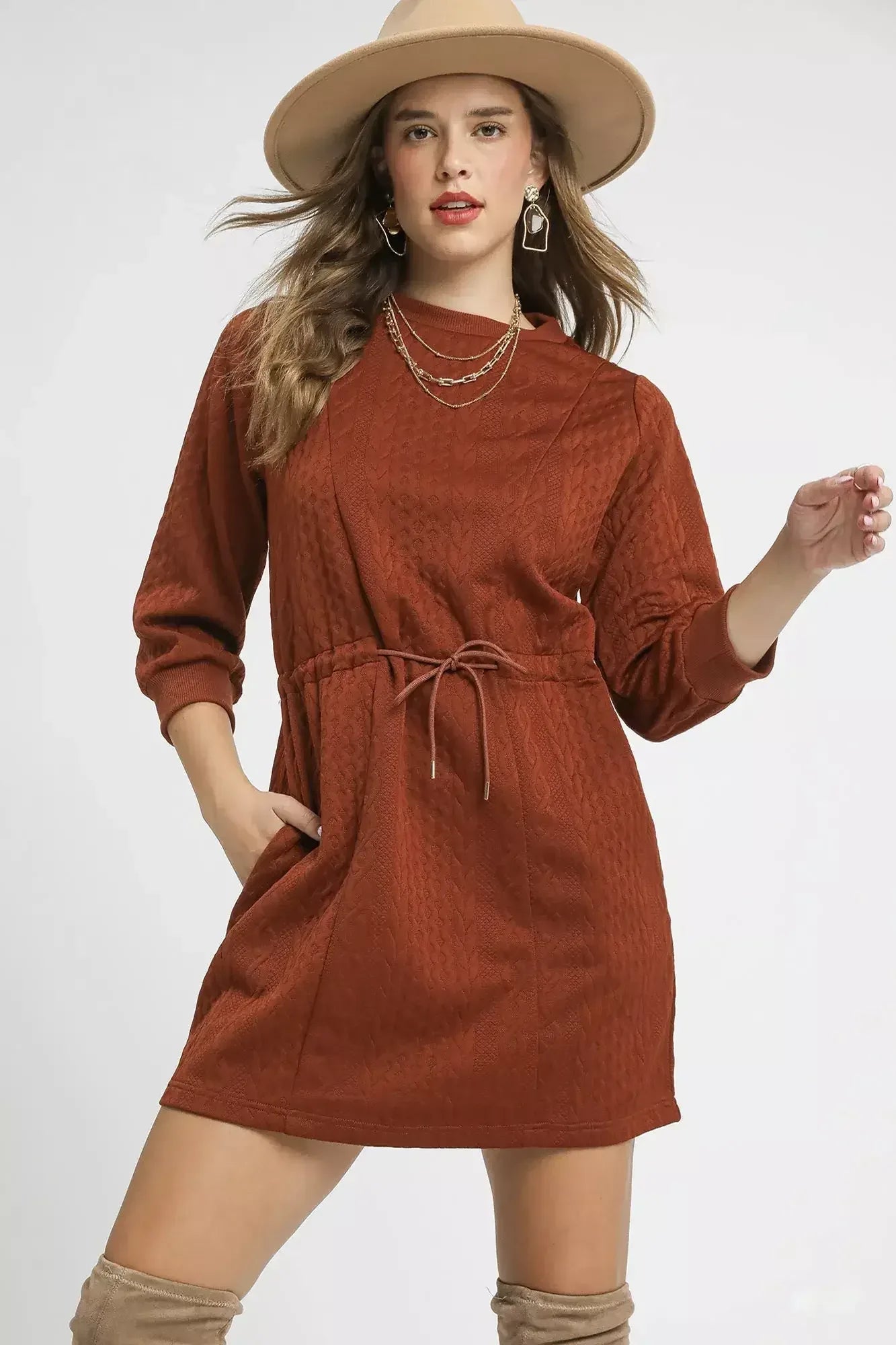 Umgee Drawstring Cable Knit Mini Dress with Pockets Rust / XS