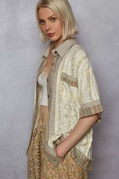 POL Printed Button Down Patchwork Short Sleeve Shirt CREAM MULTI / S