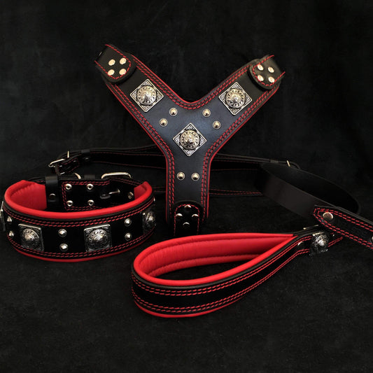 "EROS" BIG dog SET- Harness - collar - lead. Black & Red Size XXL - fitting a neck of 25.6 to 29.6 inch (65 - 75 cm)