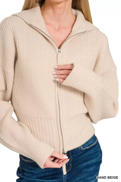 Zenana Ribbed Collared Zip Up Sweater Cardigan SAND BEIGE / S