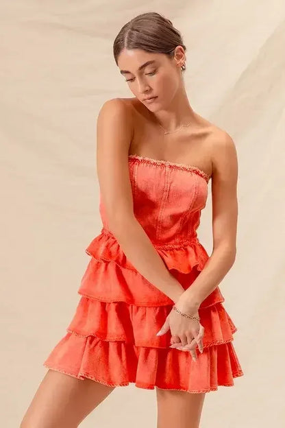 SO ME Strapless Ruffle Layered Game Day Cheer Up Dress ORANGE / S