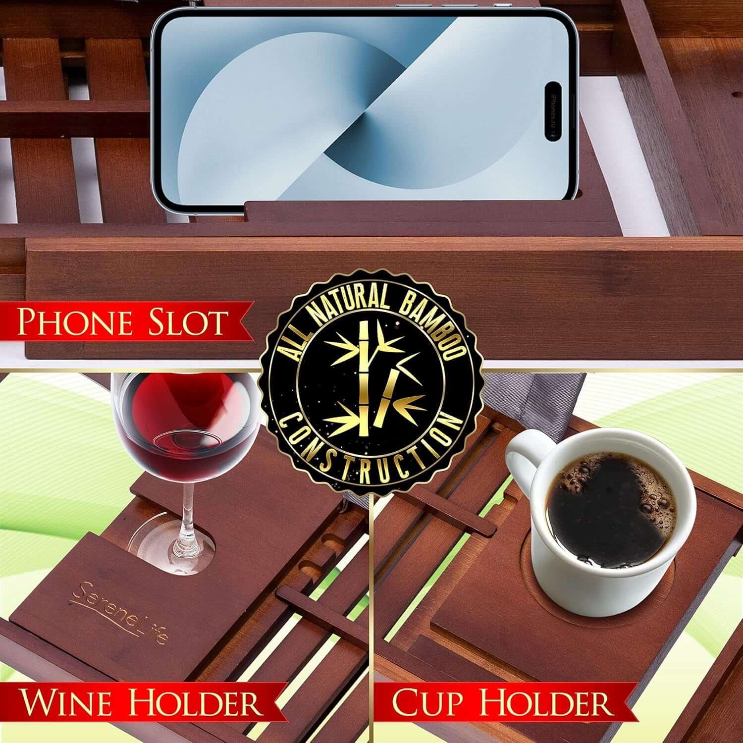 Shopminx Bamboo Bathtub Caddy Tray – Expandable Waterproof Bath Tray with Wine Glass Holder, Tablet Stand & Removable Accessory Slots – Eco-Friendly, Adjustable & Durable Default Title