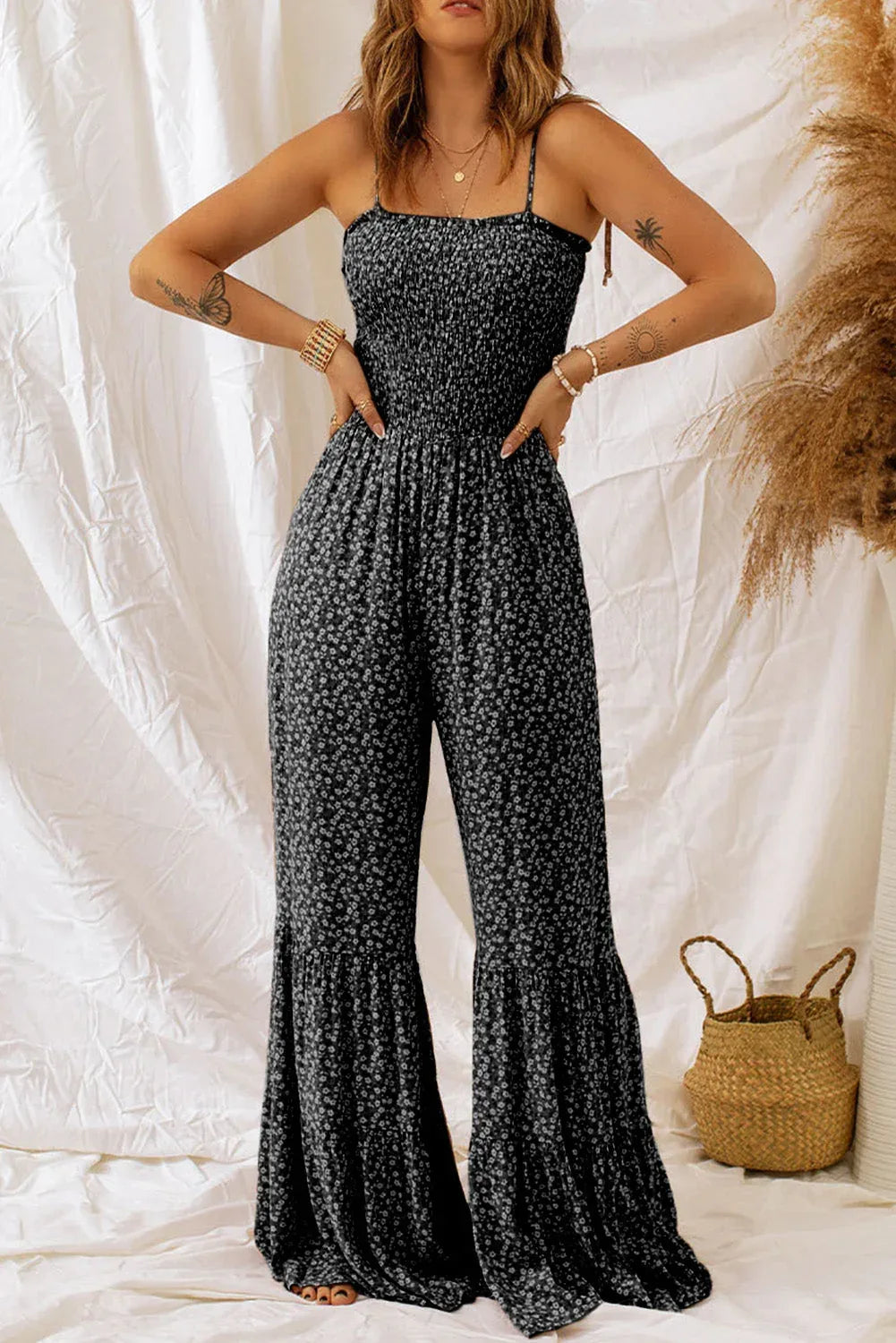 Floral Spaghetti Strap Wide Leg Jumpsuit Black / S