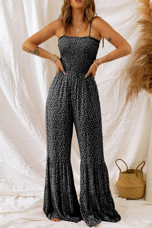 Floral Spaghetti Strap Wide Leg Jumpsuit Black / S