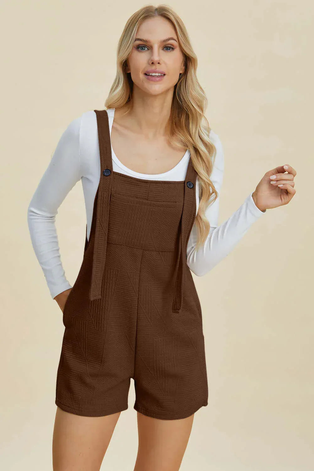 Double Take Full Size Texture Sleeveless Romper Khaki / S