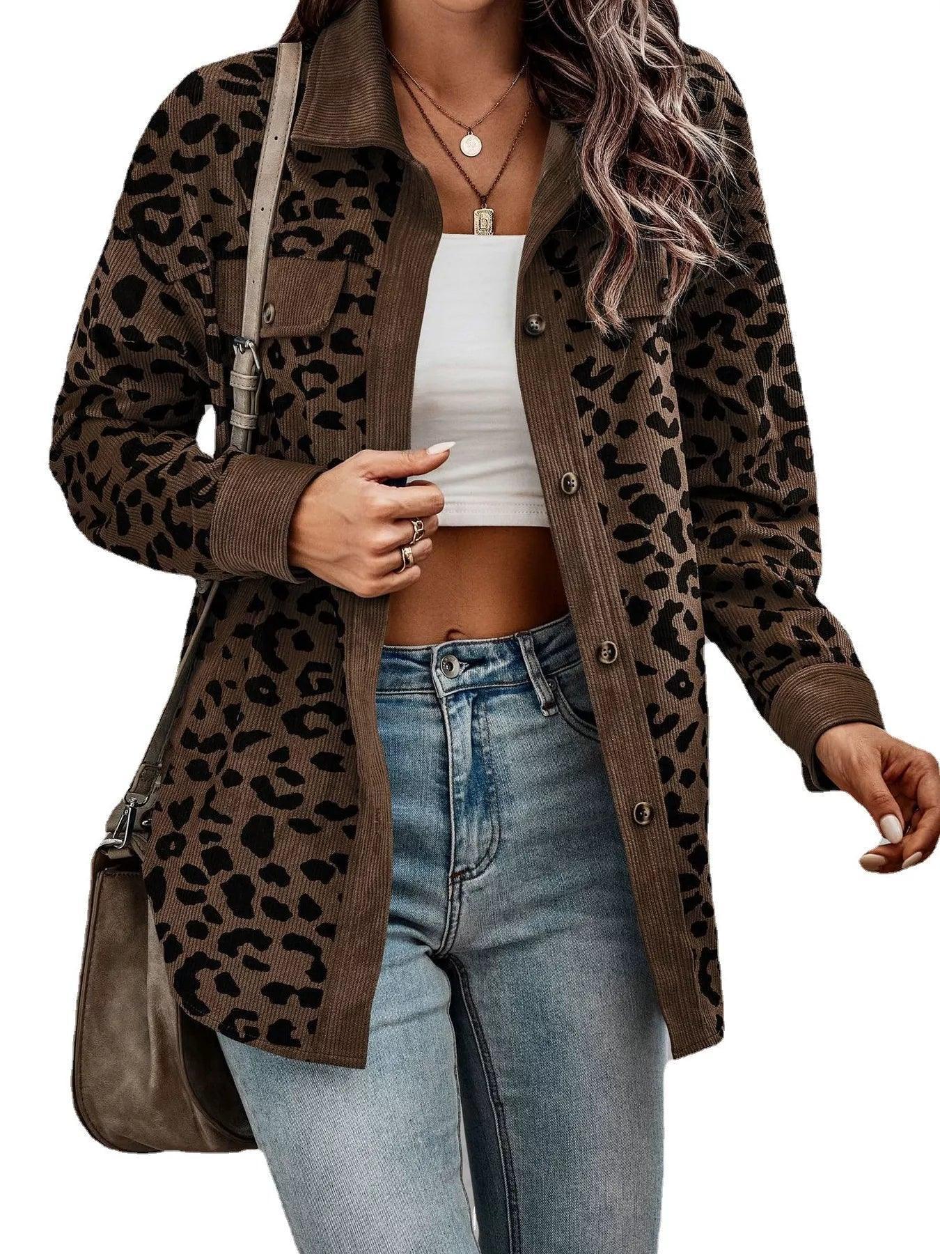 Full Size Leopard Print Button-Down Jacket Plus Size 3XL / Brown