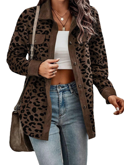 Full Size Leopard Print Button-Down Jacket Plus Size 3XL / Brown