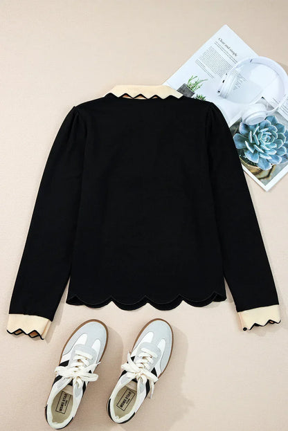 Colorblock Scallop Trim Long Sleeve Collared Top S / Black