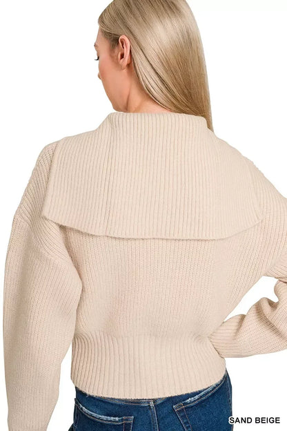 Zenana Ribbed Collared Zip Up Sweater Cardigan SAND BEIGE / S