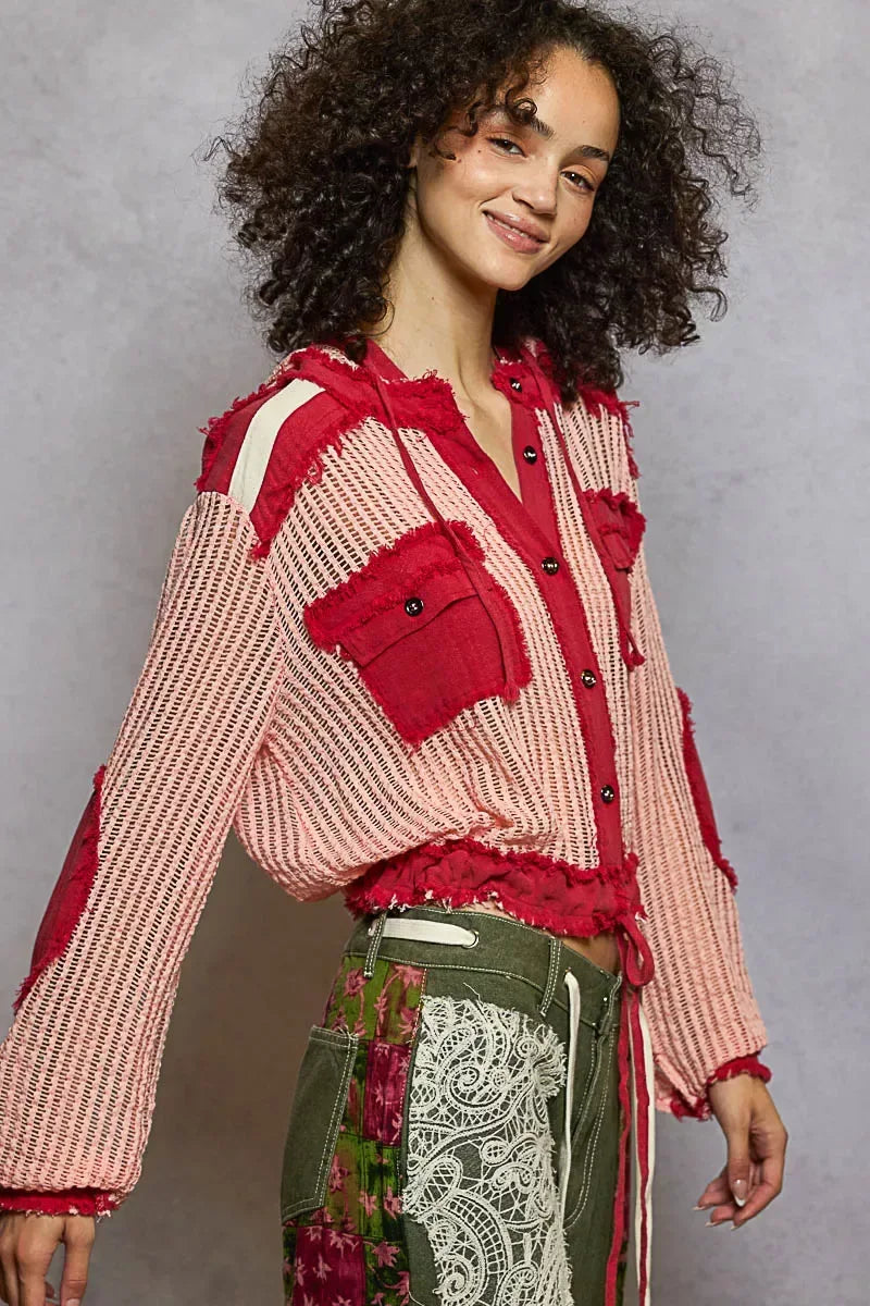 POL Texture Woven Button Down Hooded Shirt with Drawstring Hem BLUSH RED MULTI / S
