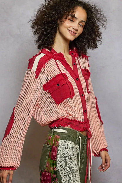 POL Texture Woven Button Down Hooded Shirt with Drawstring Hem BLUSH RED MULTI / S