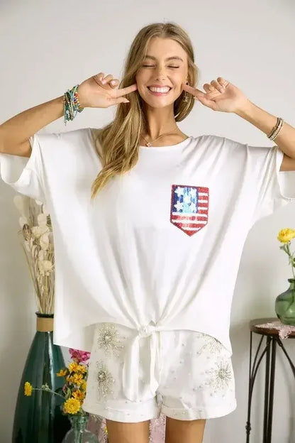 ADORA Sequin US Flag Pocketed Top Off White / S