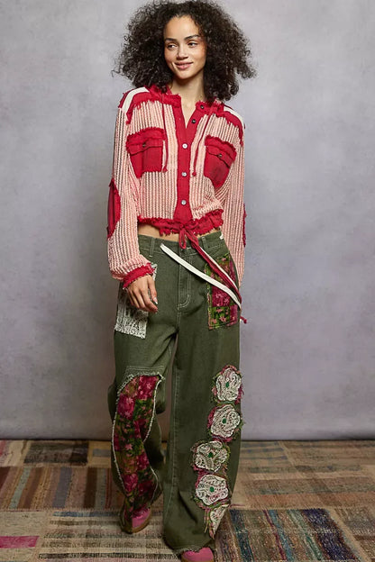 POL Texture Woven Button Down Hooded Shirt with Drawstring Hem BLUSH RED MULTI / S