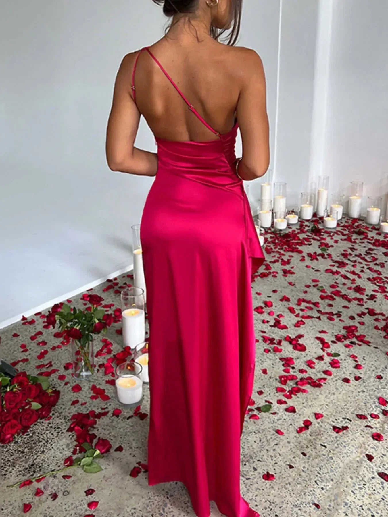 One Shoulder Satin Dress : High Slit S / Black