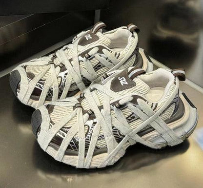 Breathable Distressed Running Shoes Strap Chunky Flat Women Sneakers Grayish Brown / 5