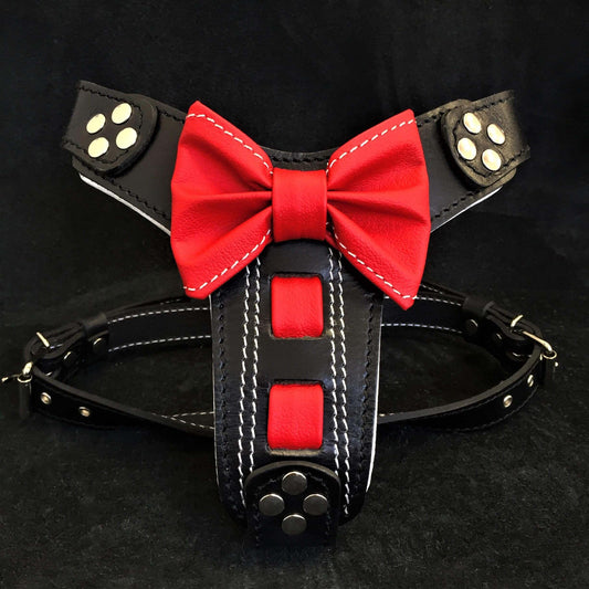 The "Bowtie" handmade leather harness black Small to Medium Size M- Bullterrier Size / SET Harness&Leash
