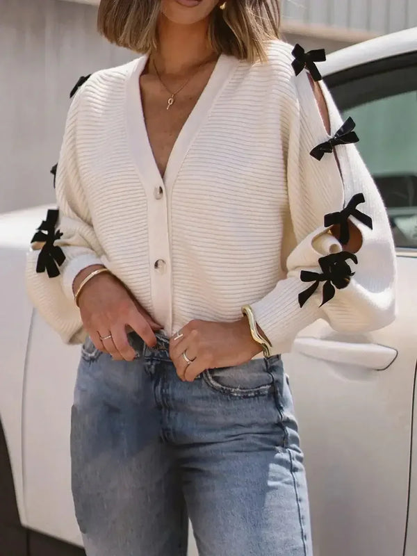 Elegant Knit Cardigan with V-Neckline and Chic Bow Detail Stylish Button-Down Sweater Coat 