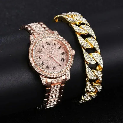 Diamond Crystals Watch and Bracelet Set 2Pieces Set Rose Gold A