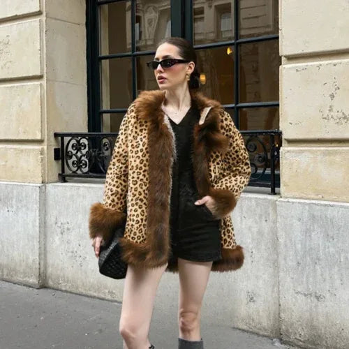 Womens Leopard Print Hooded Faux Fur Collar Jacket XS / Brown