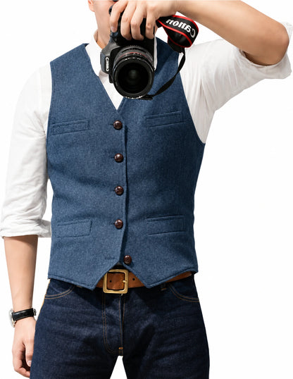Suit Vest V Neck Herringbone Tweed Slim Fit