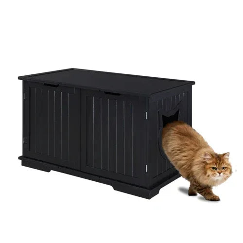 X-Large Cat Washroom Bench Litter Box Enclosure Furniture Box House Black