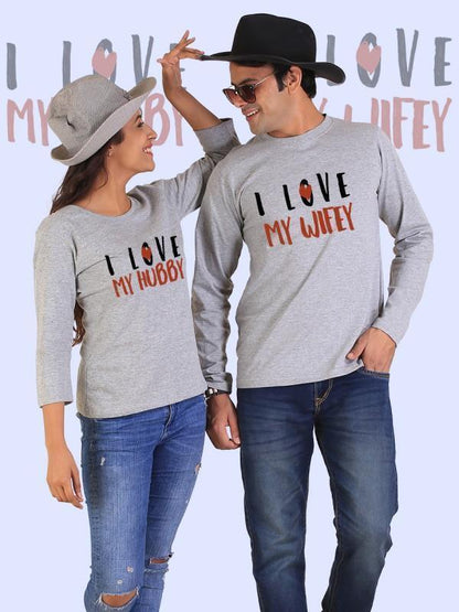 Love My Hubby, Love My Wifey Couple Full Sleeves Gray Medium / X-large