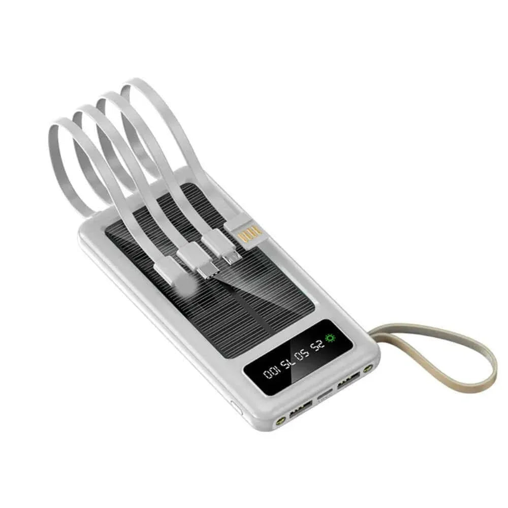 Portable Solar Power Bank with Built-in Cables White