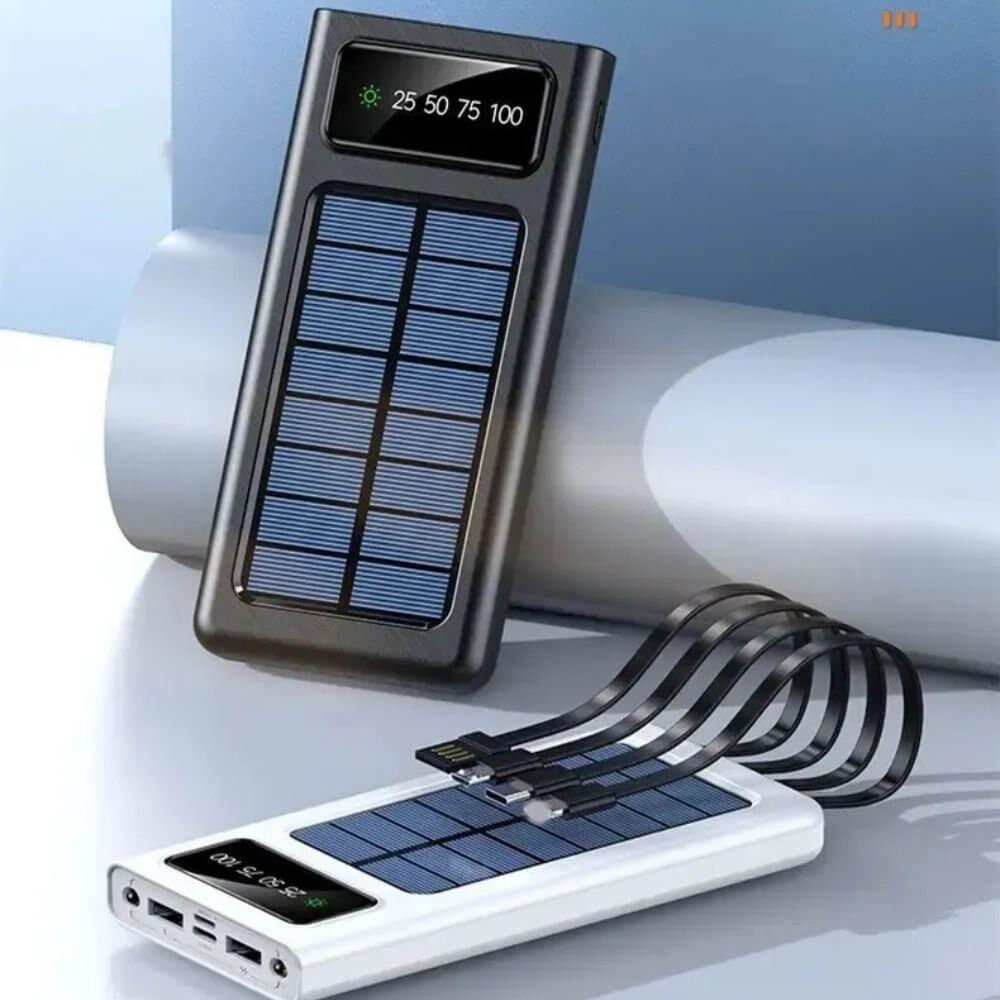 Portable Solar Power Bank with Built-in Cables White