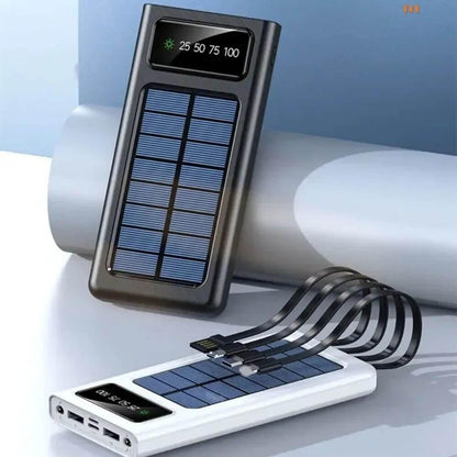 Portable Solar Power Bank with Built-in Cables White