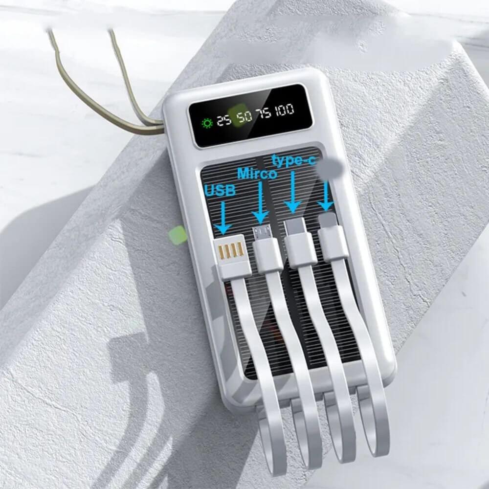 Portable Solar Power Bank with Built-in Cables White