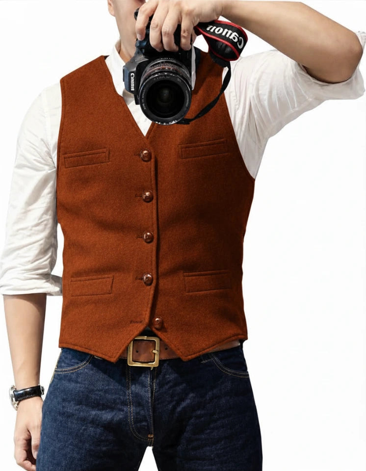 Suit Vest V Neck Herringbone Tweed Slim Fit