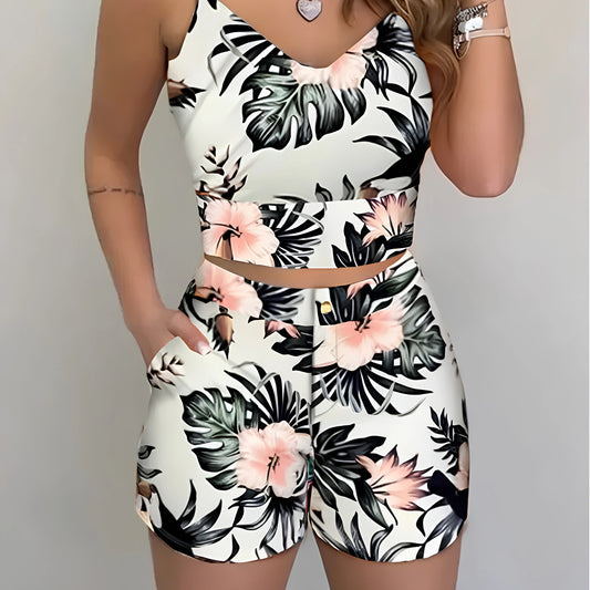 Print spaghetti strap crop top and short set