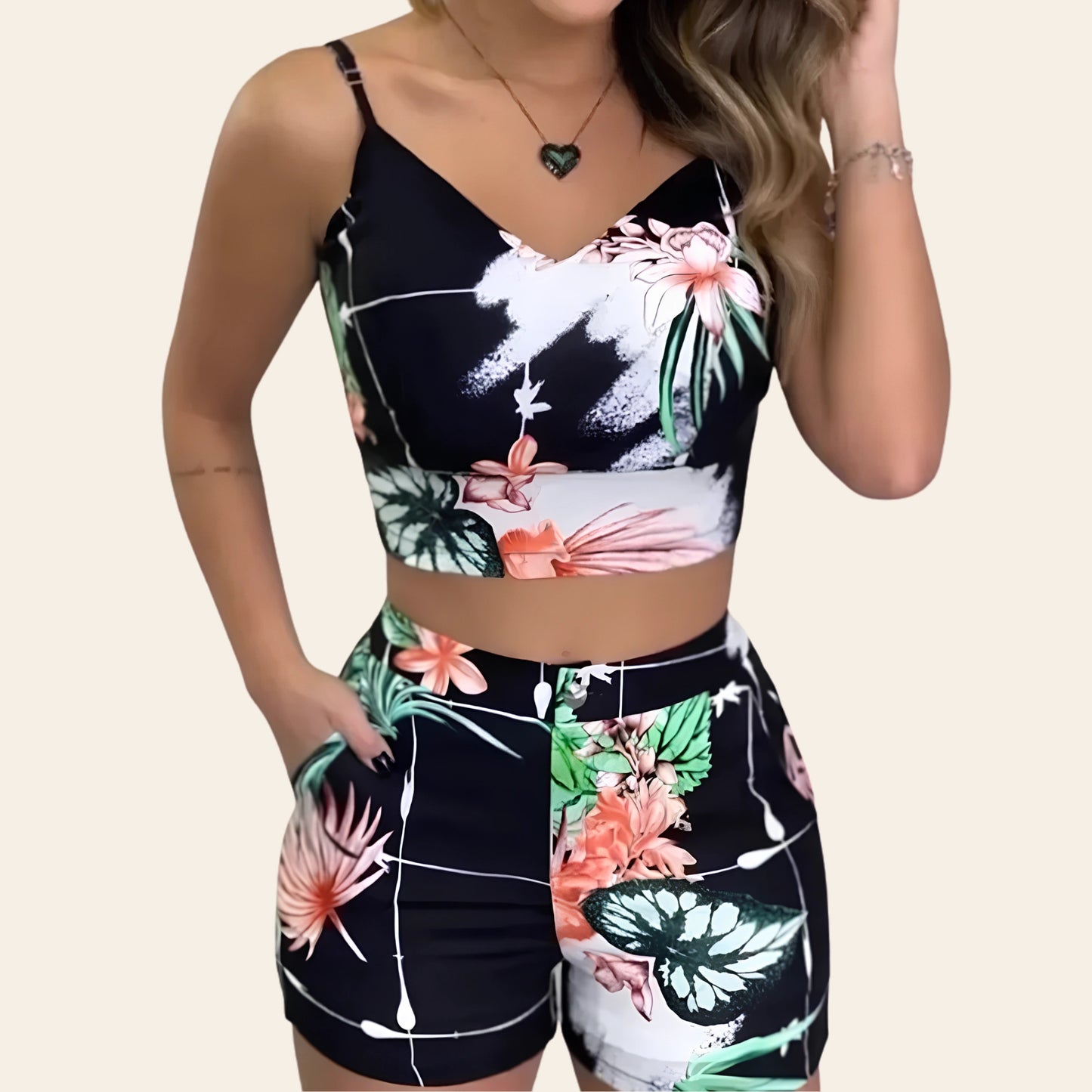 Print spaghetti strap crop top and short set