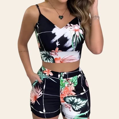 Print spaghetti strap crop top and short set