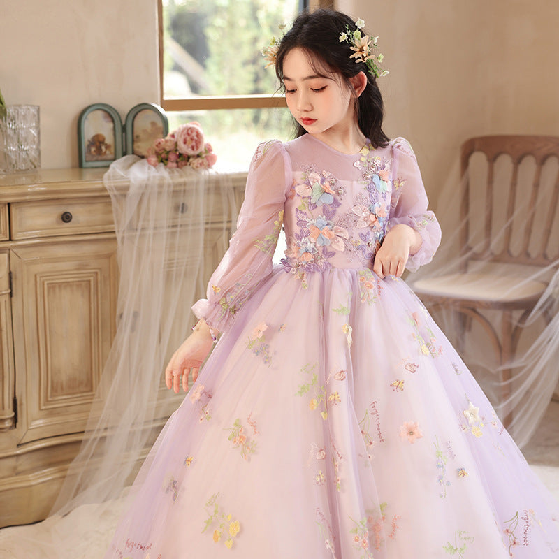 Princess Purple Birthday Dress For Girls: Luxurious Long-Sleeved Piano Performance Attire, Perfect For Spring Celebrations