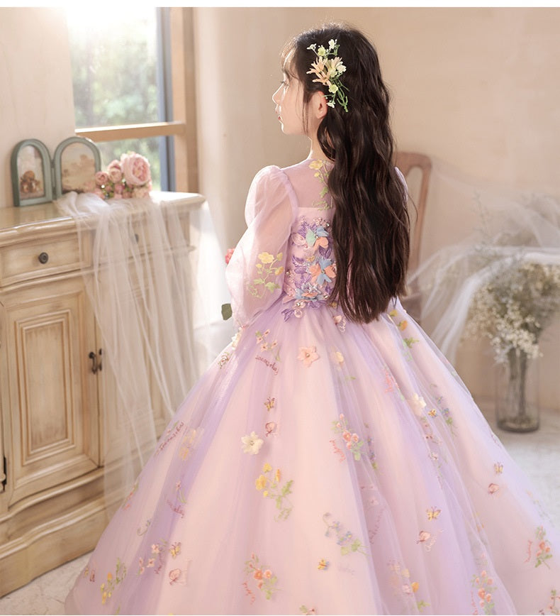 Princess Purple Birthday Dress For Girls: Luxurious Long-Sleeved Piano Performance Attire, Perfect For Spring Celebrations